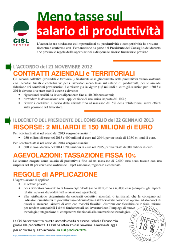 Cisl Veneto. Volantino salario produttività_ regole_ gennaio 2013