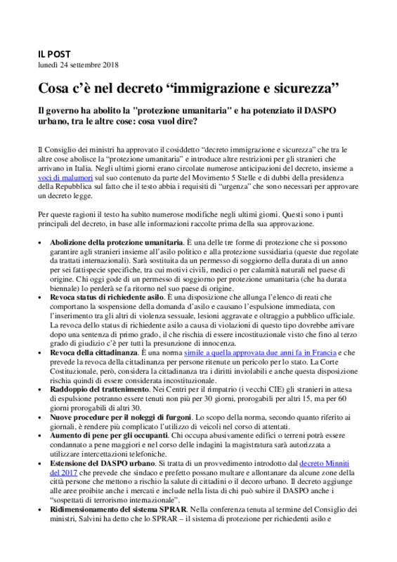 Il Post_Cosa è decreto Immigrazione e sicurezza_24-9-18