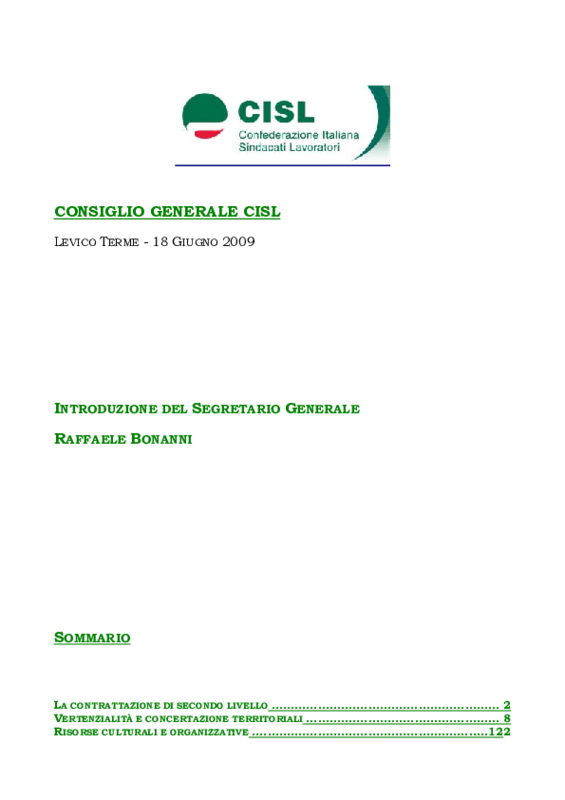 Relazione di R. Bonnani al Consiglio Generale Cisl del 18 giugno 2010