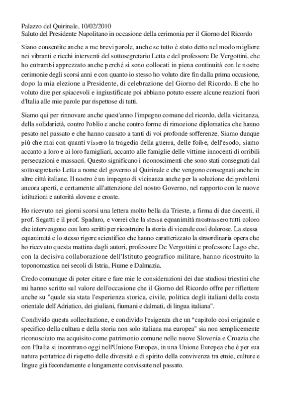 Discorso del Presidente Napolitano del 10 febbraio 2010