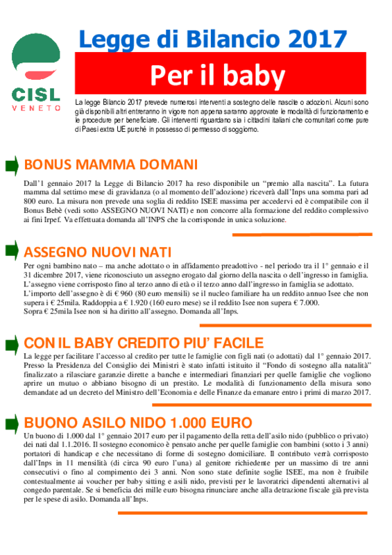 CISL - Legge di Bilancio 2017 - Misure pro Baby