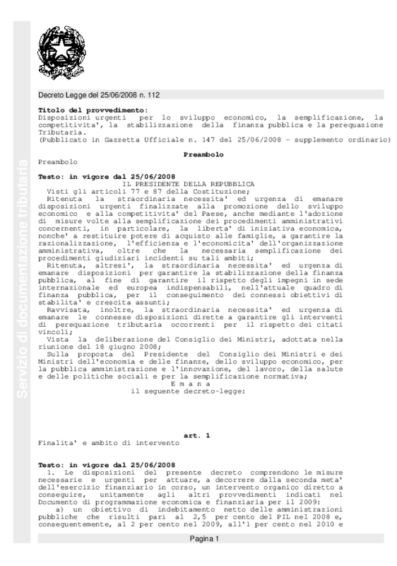 Decreto Legge n.112 del 26 giugno 2008: Disposizioni urgenti per lo sviluppo economico, la semplificazione, la competitività, la stabilizzazione de...