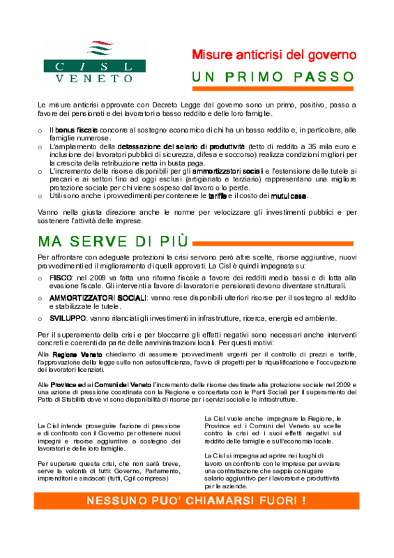 Usr Cisl Veneto. Volantino sulle misure anti-crisi del governo