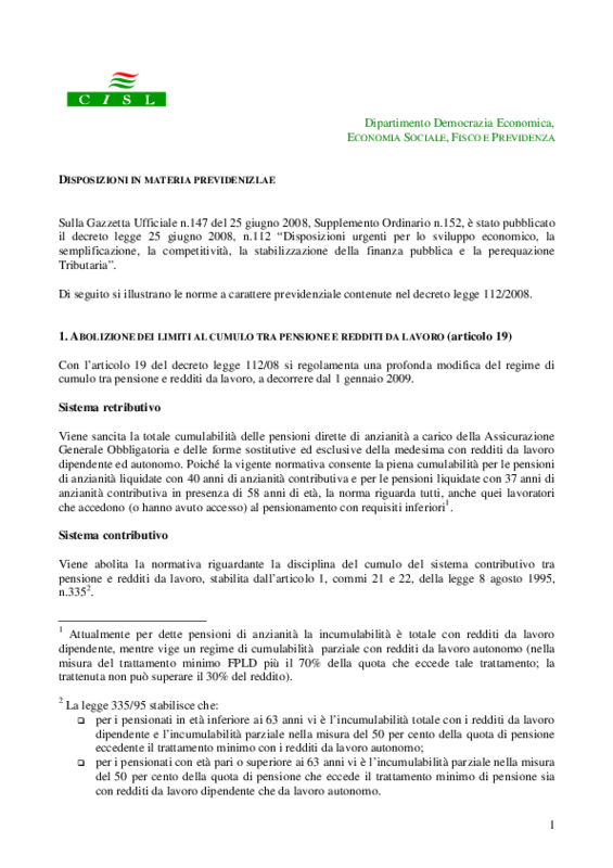 Cisl Nazionale, Decreto-legge n.112/08: note sulle disposizioni in materia previdenziale