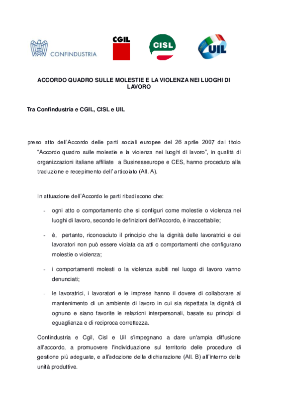 Accordo Confindustria - Cgil Cisl Uil contro le molestie e la violenza sui posti di lavoro - 25 gennaio 2016