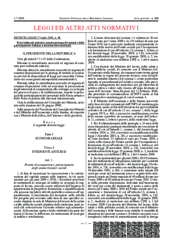 Dl 78 del 1 luglio 2009, provvedimenti anticrisi. art. 1 - Testo GU