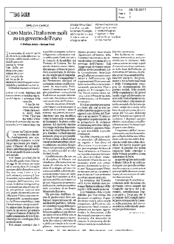 Il Sole24Ore del 6-12-2011, lettera di Amato e Prodi