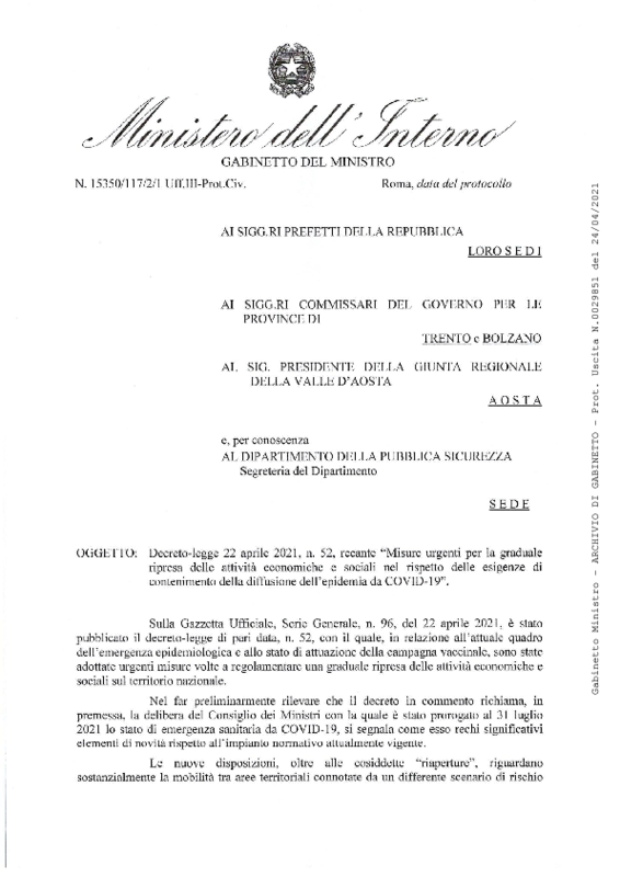 Circolare 24 aprile 2021 sulle "Misure urgenti per la graduale ripresa delle attività"