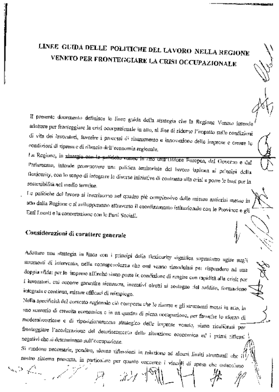 Regione Veneto e Parti Sociali, Linee guida delle politiche del lavoro per fronteggiare la crisi. Venezia 29 gennaio 2009