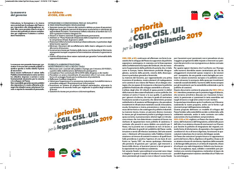 Bilancio 2019_richieste Cgil-Cisl-Uil