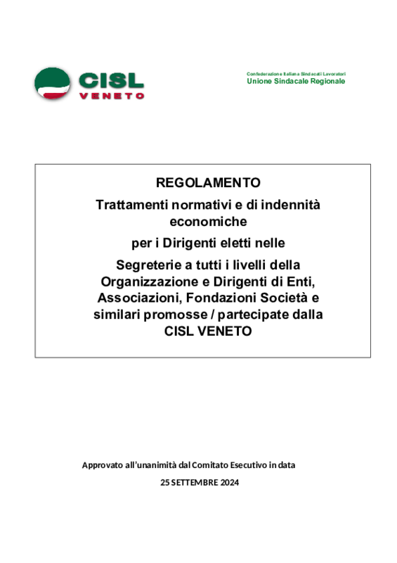 Regolamento dirigenti CISL del Veneto eletti nelle segreterie 