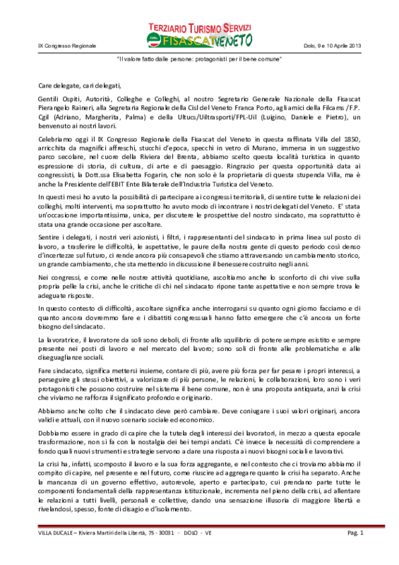 Relazione introduttiva del Segretario Generale uscente