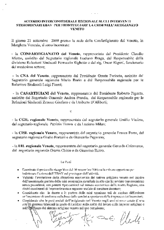 Accordo interconfederale regionale sugli interventi straordinari Ebav per fronteggiare la crisi nell’artigianato Veneto - Mestre 21 settembre 2009