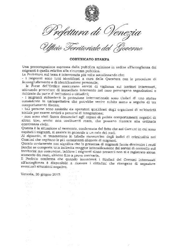 Prefettura di Venezia - profughi e reati - tabelle dati - 26 giugno 2015