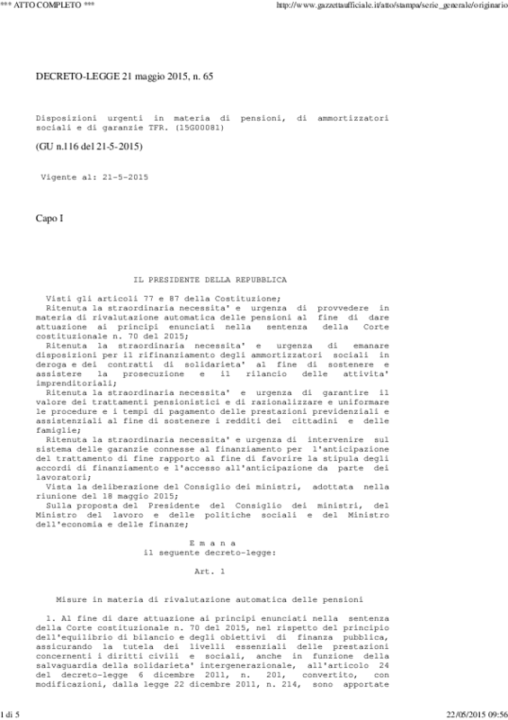 Decreto 65/2015_ Pensioni, Ammortizzatori in deroga e Tfr_G.U. del 21 maggio 2015