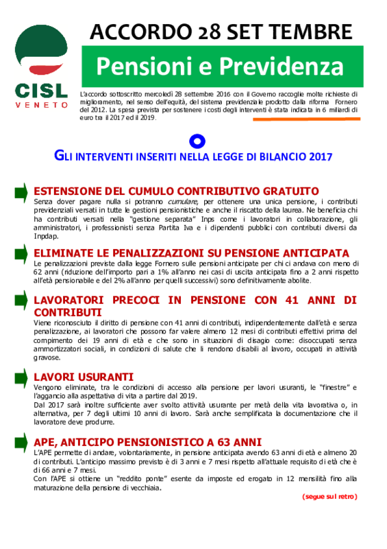 Accordo pensioni 28/09/2016_volantino Cisl Veneto_03/10/2016