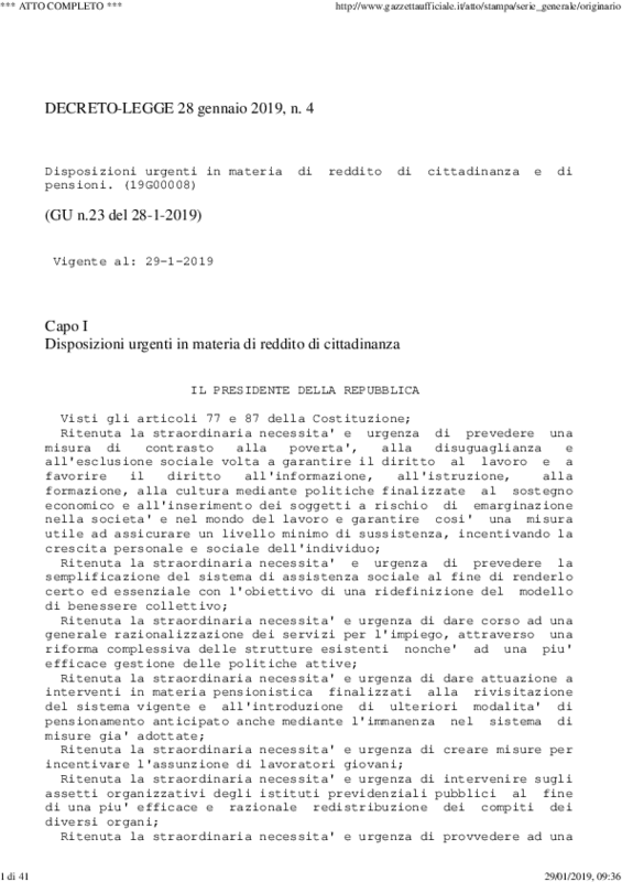 Decreto-Legge n.4/2019_Reddito di Cittadinanza e Pensioni- Gazzetta Ufficiale