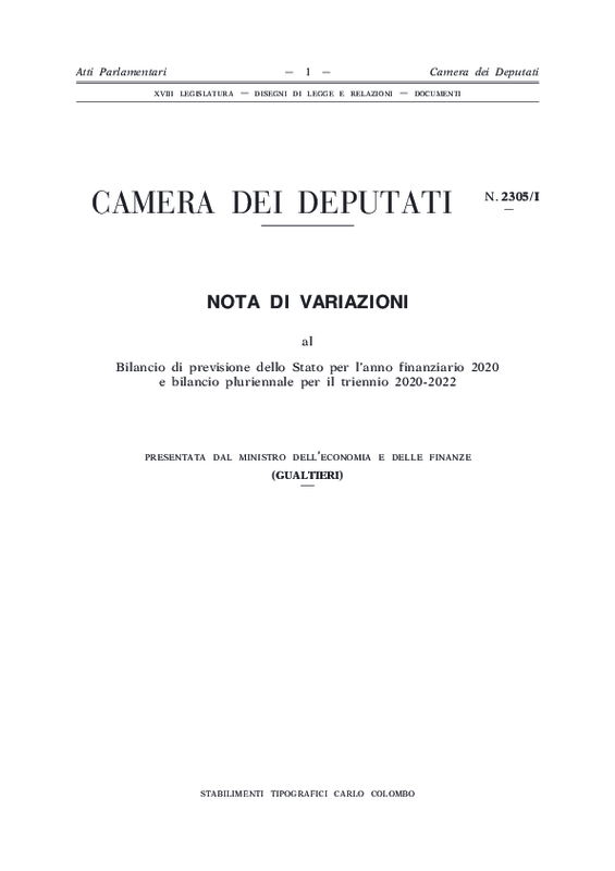 Nota Variazioni_pdl Bilancio 2020_Camera_16-12-2019