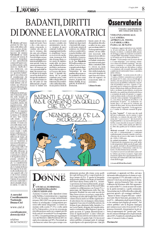 Conquiste del lavoro. Badanti, diritti di donne e lavoratrici, di Liliana Ocmin. 17 luglio 2009