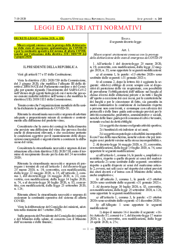 D.L. 7 ottobre 2020 , n. 125 (G.U. S.G. n.248)