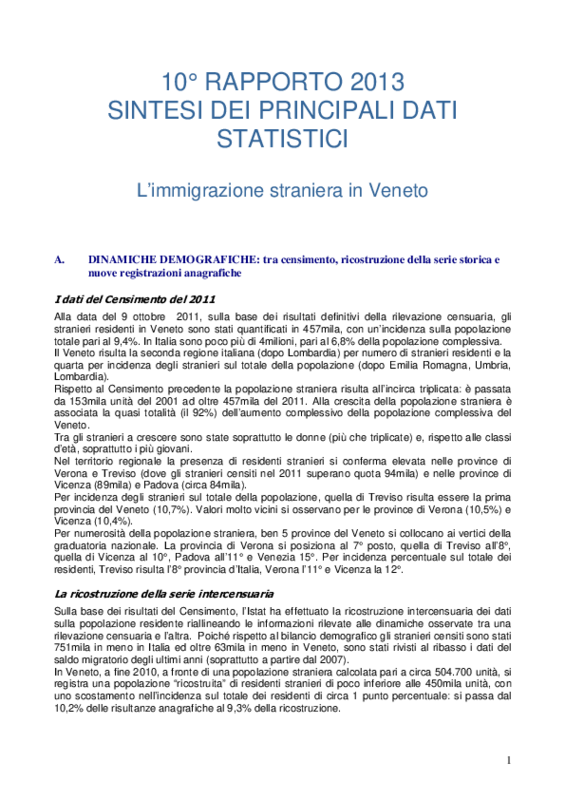 Sintesi 10° rapporto-Immigrazione straniera in Veneto novembre 2013