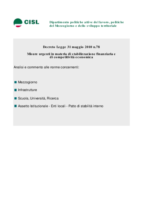 Manovra 2010. Osservazioni Cisl su Infrastrutture, Mezzogiorno, Istruzione e Assetti Istituzionali