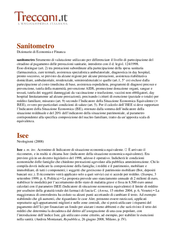 Treccani - Sanitometro, ISEE e Riccometro