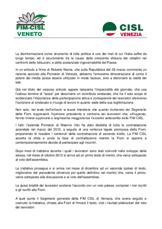 comunicato Pometon: comunicato FIM/Cisl Venezia su accordo Pometon 28 marzo 2013