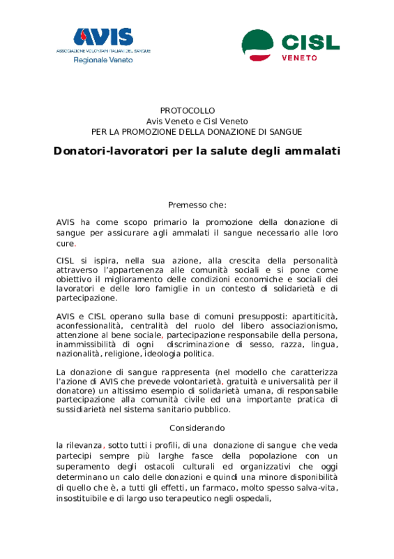 Protocollo AVIS-CISL Veneto "donatori-lavoratoro, per la salute degli ammalati"_ Padova 16 aprile 2016