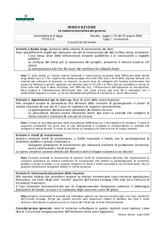 Cisl Veneto, Decreto legge n.112: note su Innovazione
