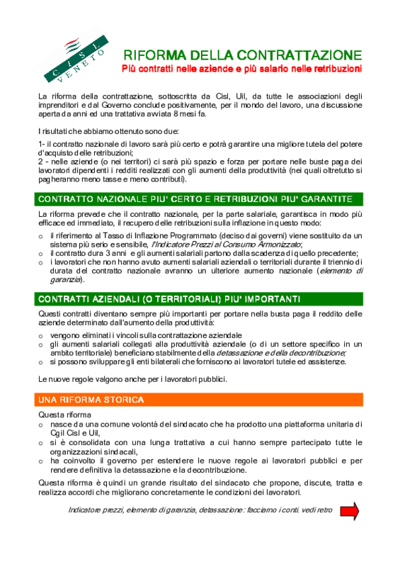 Volantino Cisl Veneto sulla Riforma della Contrattazione aggiornato 