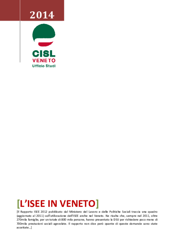L'ISEE in Veneto - Ufficio Studi Cisl Veneto 22-1-2014