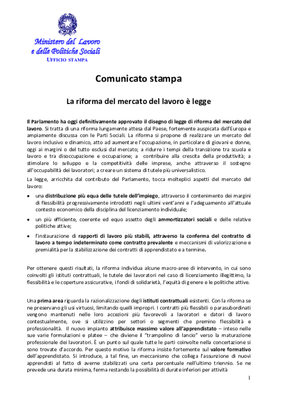 Legge Riforma MdL_comunicato Governo