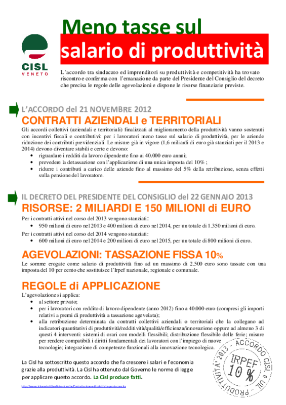 Cisl Veneto. Volantino salario produttività_ regole ed esempi_ gennaio 2013