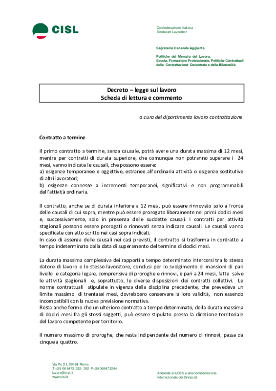 Cisl_Scheda lettura Decreto Dignità_ Lavoro