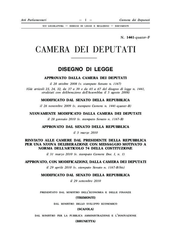 Testo Ddl 1441- quater. Parlamento Italiano. Camera dei Deputati