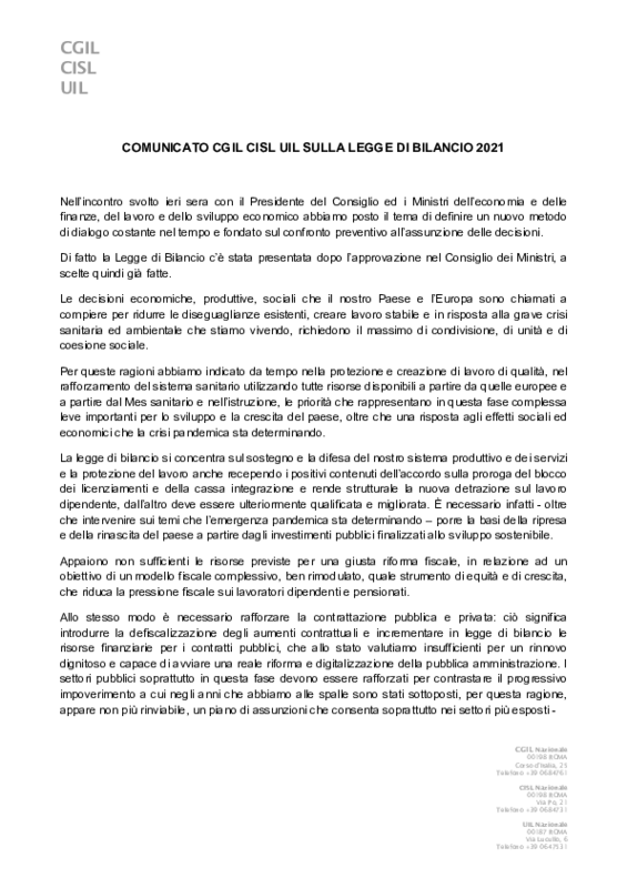 Comunicato stampa unitario Legge di Bilancio 2021