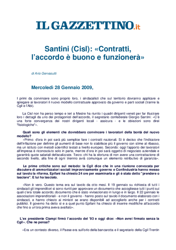 28 gennaio 2009. Intervista a G.Santini. Il Gazzettino