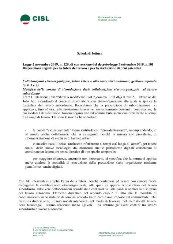 Legge 128 del 2 novembre 2019 "tutela lavoro e crisi aziendali"_ schede lettura Cisl
