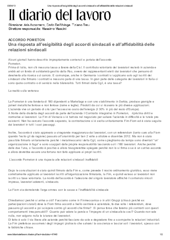 Il Diario del lavoro.it l'accordo Pometon Marco Bentivogli 3-4-2013