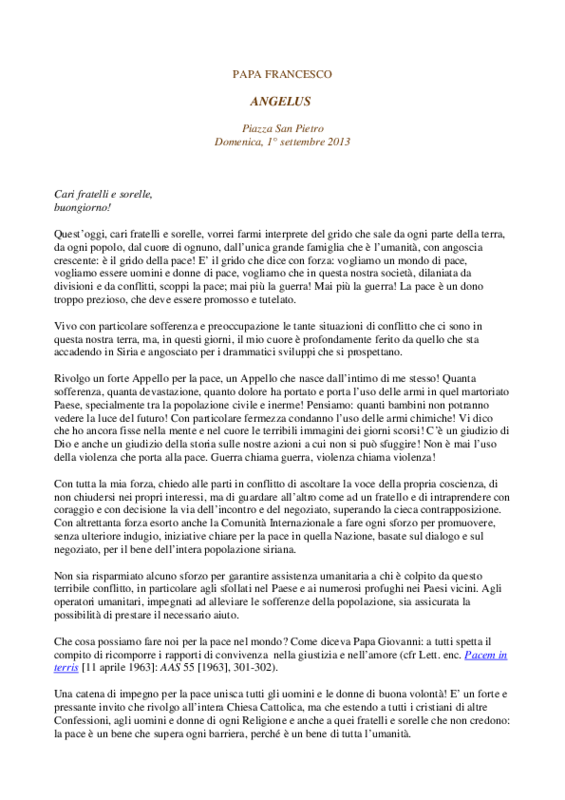 Siria, discorso Papa Francesco del 1 settembre 2013