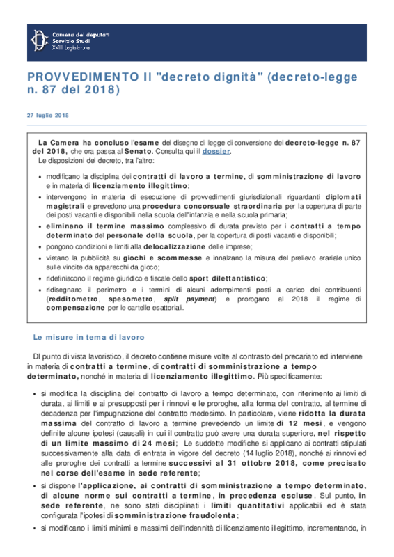 Camera_Decreto Dignità_Dossier