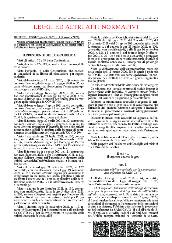 Decreto Legge 7 gennaio 2022 , n. 1