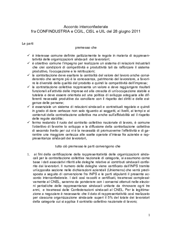Testo dell'accordo interconfederale tra Confindustria e Cgil, Cisl e Uil del 28 giugno 2011