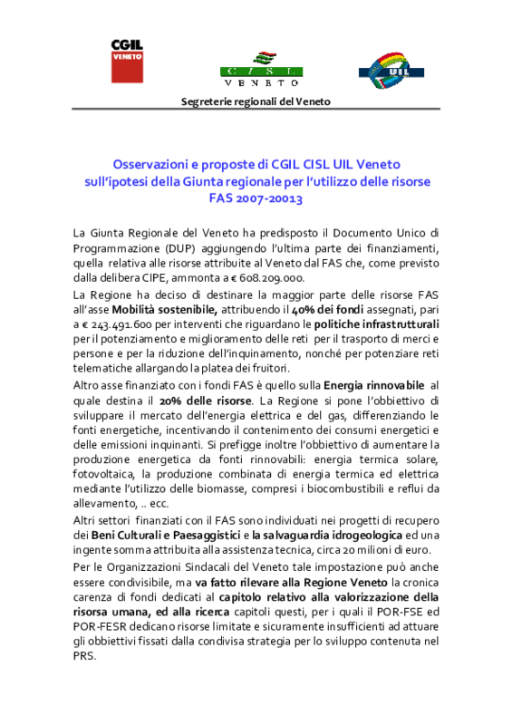 CGIL-CISL-UIL Veneto, documento sulle risorse FAS 2007-2013