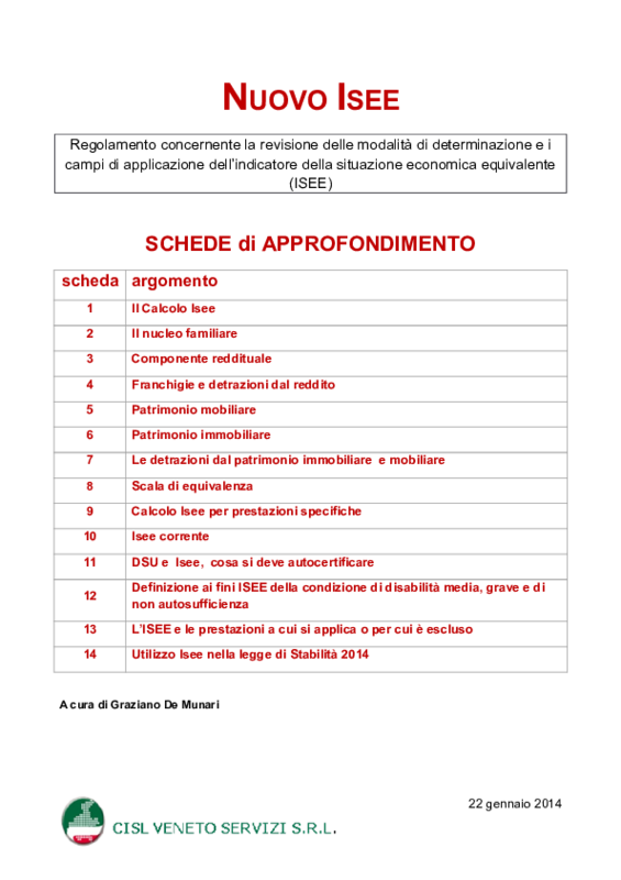 Nuovo ISEE - schede a cura di G.DeMunari - Cisl Veneto Servizi - 22-1-2014