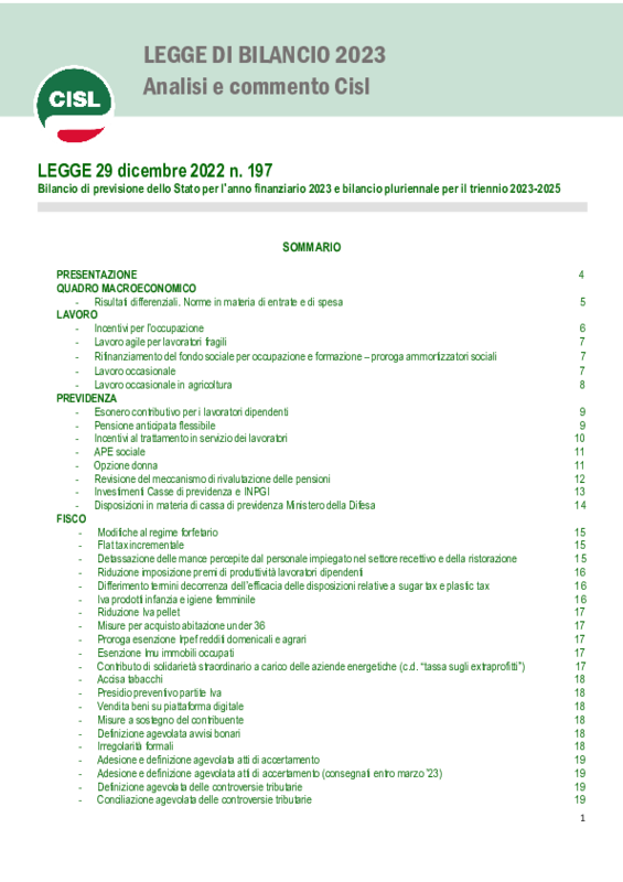 Legge di Bilancio 2023 Analisi e commento Cisl