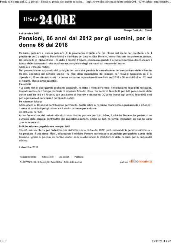 Manovra Monti, le pensioni.  Il Sole 24 ORE