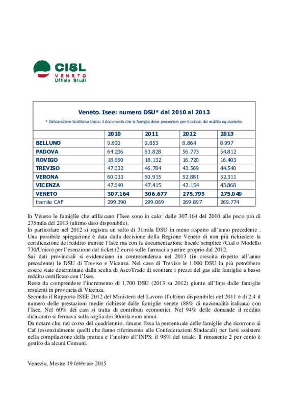  Ufficio Studi Cisl Veneto, scheda ISEE in Veneto