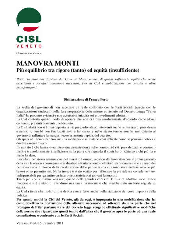 CS 5.12.2011-Manovra Monti_ Cisl Veneto